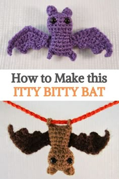 crocheted bat ornament with text overlay how to make this tiny bitty bat