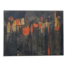 an abstract painting with orange and black colors