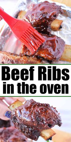 beef ribs in the oven with bbq sauce on top and french fries underneath it