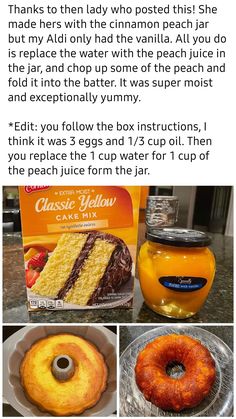 the recipe for cake mix is shown in three different pictures, including an orange and chocolate cake