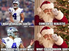 two pictures with santa claus and cowboys football players in the same team's uniforms