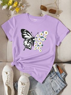 Women's Butterfly & Daisy Printed T-Shirt Graphic Tees Women Tops Mauve Purple Casual  Short Sleeve Fabric Animal,Floral,Butterfly  Slight Stretch  Women Clothing, size features are:Bust: ,Length: ,Sleeve Length: Butterfly Clothes, Cute Dress Outfits, Butterfly Shirts, High Street Fashion, Floral Butterfly, Fashionista Clothes, Purple Shirt, Cute Comfy Outfits, Fabric Floral