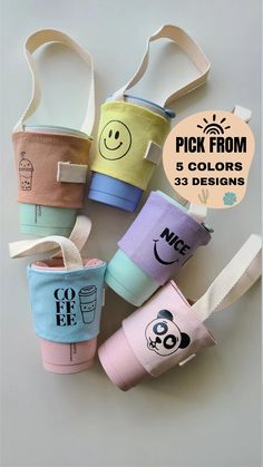 four different colored cup holders with the words pick from 5 colors in front of them