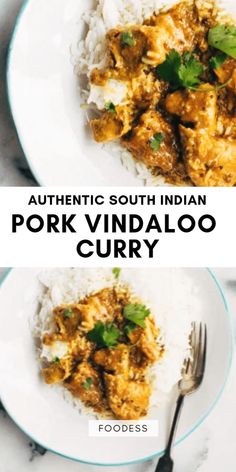 an image of pork vindalloo curry on a plate with rice and garnish