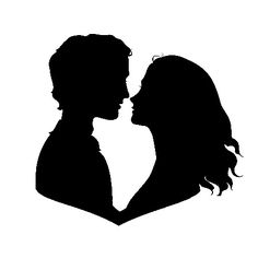 the silhouette of two people kissing each other with their heads turned to look like they are in love