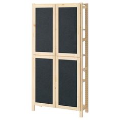 a tall wooden cabinet with three doors on the front and two shelves in the back