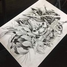 a drawing of a dragon with flowers on it