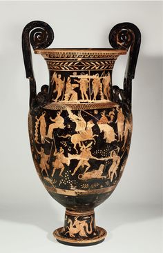 an old vase with people and animals painted on it's sides, in front of a white background