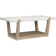 a white marble coffee table with two wooden shelves on one side and an open shelf on the other