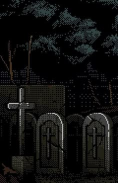 an old pixellated image of tombstones in the dark