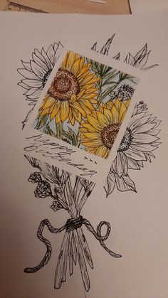 a drawing of sunflowers in a vase with ribbon tied around the bottom and on top