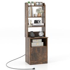 an open bookcase with books and other items on it, against a white background