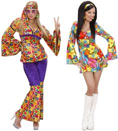 two women dressed in hippie costumes posing for the camera with peace sign and flower power costume