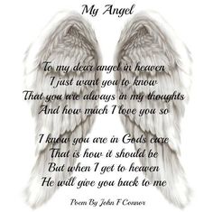 an angel poem written in black and white with two wings on the back of it