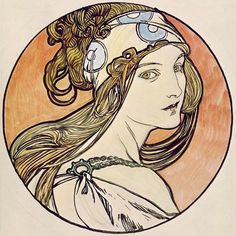 a drawing of a woman with headphones in her hair and an orange circle behind her