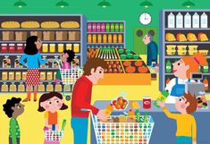 an illustration of people shopping in a grocery store with kids and adults looking at items