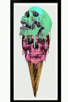 an ice cream cone with dripping paint on it and a skull's head in the middle