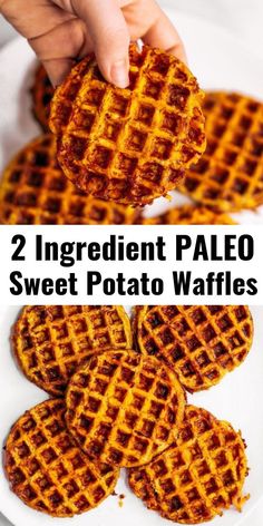 two ingredient paleo sweet potato waffles on a white plate with text overlay