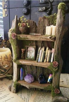 an old book shelf with moss growing on it and some candles in the back ground