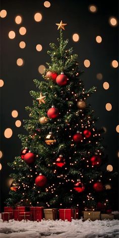 a christmas tree with red and gold ornaments