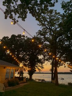 Beautiful lake sunset with string lights Porch View Aesthetic, Old Lakehouse Aesthetic, House On The Lake Aesthetic, Home By The Lake, Lake Resort Aesthetic, California Lake House, Lake House Life Aesthetic, House On A Lake Aesthetic