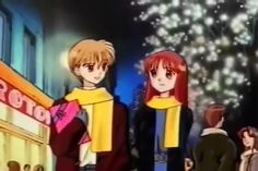 two anime characters are standing in front of a christmas tree with lights on the background