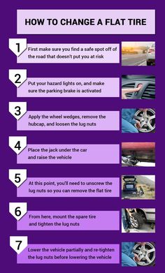 a purple poster with instructions on how to change a flat tire in 5 easy steps