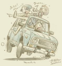 a drawing of two people riding in the back of a car