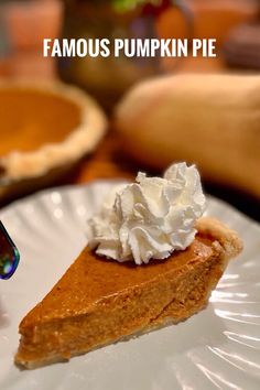 a slice of pumpkin pie with whipped cream on top