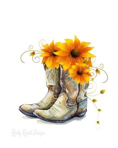 a watercolor painting of a cowboy boot with sunflowers in the boots on it