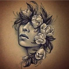 a drawing of a woman's face with flowers in her hair