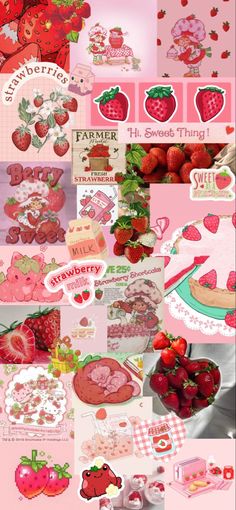 a collage of images with strawberries and strawberrys on them in pink tones