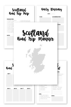 the scotland road trip planner is shown in black and white