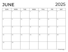 the june calendar is shown in black and white