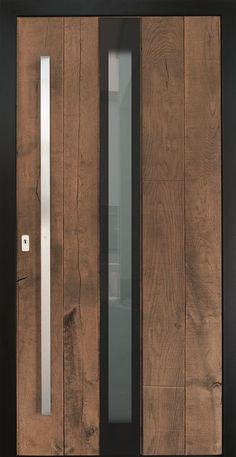 a close up of a wooden door with glass and metal handle on the front side