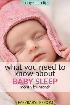 a baby sleeping in a pink hat with the words, what you need to know about baby sleep month by month