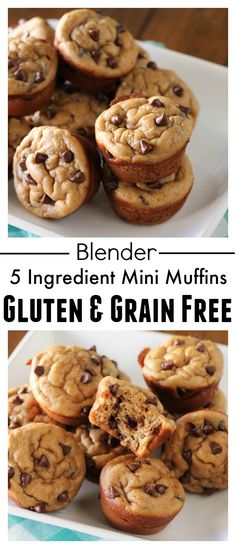 chocolate chip muffins on a white plate with text overlay that reads, blender ingredient mini muffins gluten & grain free