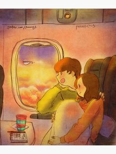 two children looking out an airplane window at the sunset