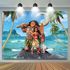 moan and tiki in front of the ocean with palm trees on the beach wall mural