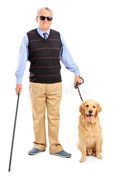 an old man with a cane and his dog on a white background stock photo - image 389876