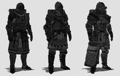 three different types of armor in black and grey colors, with one man standing on the other