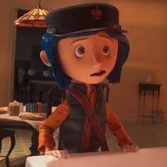 a cartoon character with blue hair wearing a hat and holding a white table in front of him