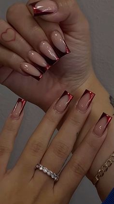 Fall Acrylic French Tips, Short Acrylic Thanksgiving Nails, Burgundy Acrylic Nails Square, Thanks Giving And Christmas Nails, Dark Nails French Tip, Fall Red Nails Acrylic, Red French Tip Nails Medium Length, Nails Acrylic Thanksgiving Colors, Thanksgiving Nail Ideas Square