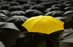 an orange umbrella is standing out from the black ones that are all in rows on top of each other