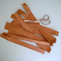 a pair of scissors sitting on top of brown paper strips