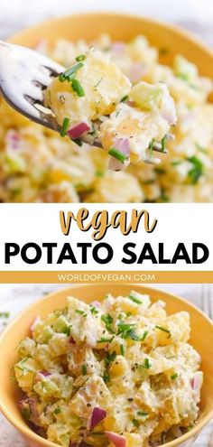 a bowl full of potato salad with a fork in it and the words vegan potato salad