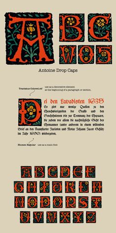 Antoine drop caps Medieval Lettering, Black Letter Font, Medieval Alphabet, German Font, Gothic Type, Blackletter Font, Illustrated Manuscript, Caps Font, Medieval Gothic