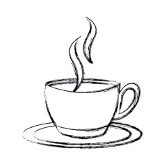 a cup of coffee on a saucer with steam rising from the top, hand drawn