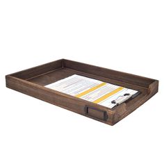 a wooden tray with papers in it and a clipboard attached to the bottom one