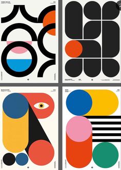 four posters with different shapes and colors